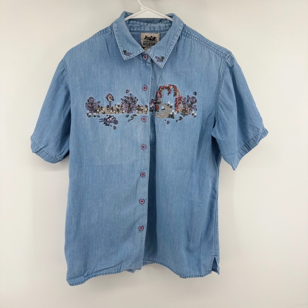 Vintage Northern Reflections Embroidered Garden Denim Shirt Womens Medium Blue